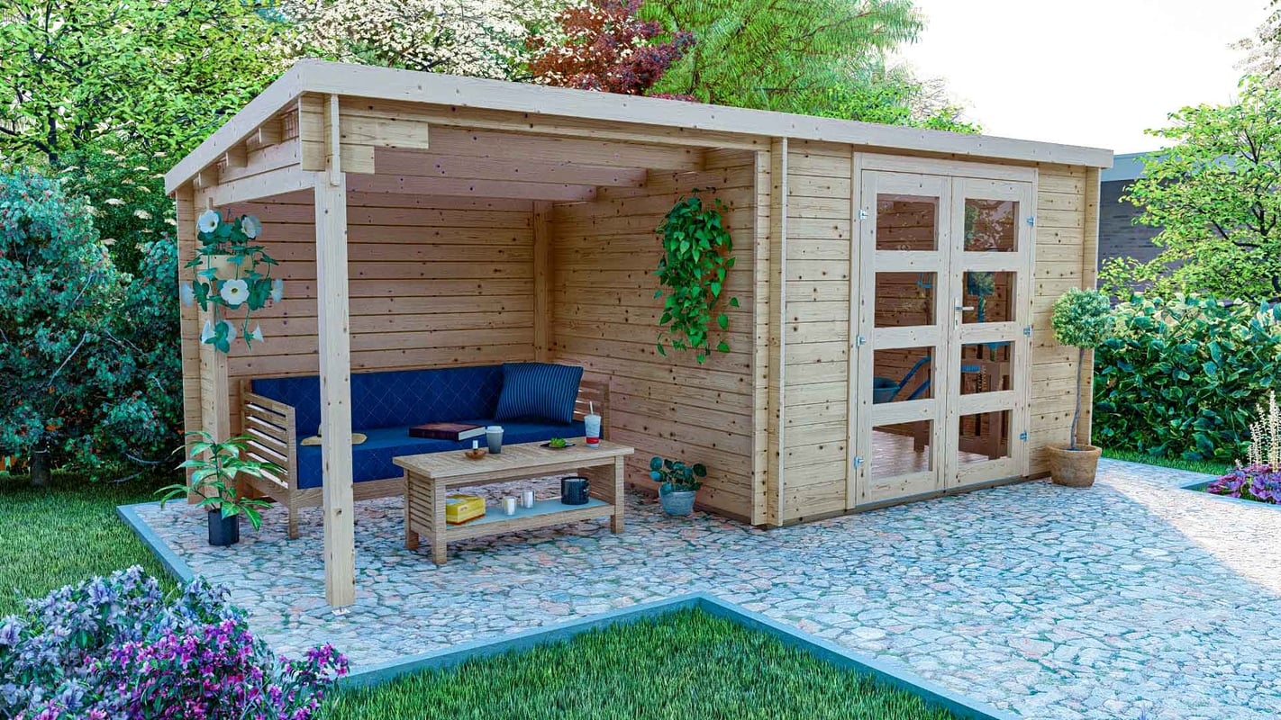 Log Cabin Niklas with a Side Porch 3m x 2.4m+2.4m (28mm)